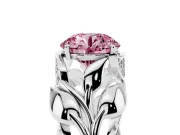 Fancy Pink Round Cut Diamond Leaf-Inspired Engagement Ring Set in Silver with Round Accents