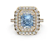 Fancy Blue Radiant Cut Lab-Grown Diamond Double Halo Statement Ring Set in Yellow Gold with Pavé Band
