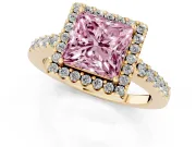 Fancy Pink Princess Cut Diamond Halo Pavé Solitaire Ring Set in Yellow gold with Prong-Set Center Stone