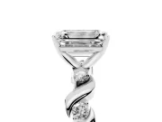 Emerald Cut Diamond Solitaire Ring Set in Silver with Ribbon Twist Band, Round Accents and Prong Setting