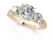 Cushion Cut Vintage Three Stone Engagement Ring Setting | Graduated Milgrain Pave | Yellow Gold