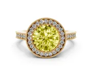 Fancy Yellow Round Cut Diamond Halo Engagement Ring Set in Yellow gold with Pavé Band and Round Halo Stones