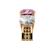 Cushion Cut Three Stone Engagement Ring Setting for a Fancy Pink Lab-Grown Diamond | Beaded Shoulders | Yellow Gold