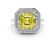 Fancy Yellow Asscher Cut Diamond Halo Engagement Ring Set in Platinum with Solitaire Band and Prong Setting