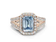 Emerald Cut Halo Pavé Engagement Ring Setting for a Fancy Blue Lab-Grown Diamond | Narrow Split Shank | Rose Gold