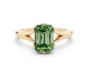 Fancy Green Emerald Cut Diamond Solitaire Ring Set in Yellow gold with Polished Tapered Band and Prong Setting