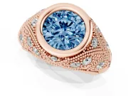 Fancy Blue Round Cut Diamond Bezel Ring Set in Rose gold with Milgrain Accent Band