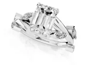 Emerald Cut Diamond Solitaire Ring Set in Silver with Twisted Marquise Accent Band
