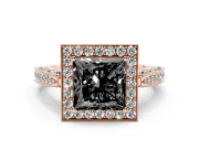 Princess Cut Milgrain Halo Engagement Ring Setting for a Black Center | Side Stones | Rose Gold