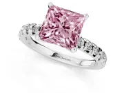 Fancy Pink Princess Cut Diamond Solitaire Pavé Engagement Ring Set in Silver with Round Band and Prong Setting