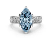 Fancy Blue Marquise Cut Diamond Solitaire Ring Set in Silver with Milgrain Double Row Round Pavé Band