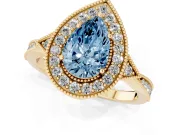 Fancy Blue Pear Cut Diamond Halo Engagement Ring Set in Yellow gold with Milgrain Pavé Band