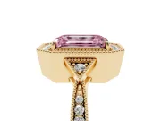 Fancy Pink Emerald Cut Diamond Halo Engagement Ring Set in Yellow gold with Milgrain Pavé Band