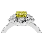 Fancy Yellow Emerald Cut Diamond Floral Halo Ring Set in White gold with Round Pavé Band and Prong Setting
