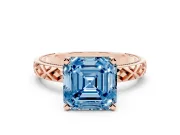 Fancy Blue Asscher Cut Diamond Solitaire Ring Set in Rose gold with Milgrain and Black Enamel X Pattern Band
