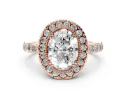 Oval Cut Diamond Halo Ring Set in Rose gold with Pavé Shank and Prong Setting