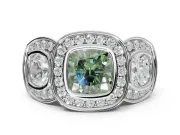 Cushion Cut Three Stone Halo Engagement Ring Setting for a Fancy Green Lab-Grown Diamond | Platinum