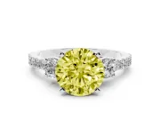 Fancy Yellow Three-Stone Round Cut Diamond Pavé Band Ring Set in Platinum with Prong Setting