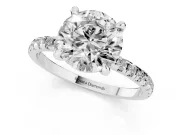Round Cut Diamond Brilliant Solitaire Ring Set in Silver with Pavé Band and Prong Setting