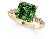 Fancy Green Asscher Cut Diamond Solitaire Vine Band Ring Set in Yellow gold with Round Accents and Prong Setting