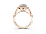Heart-Shaped Lab-Grown Diamond Milgrain Halo Solitaire Ring Set in Rose Gold with Bezel Set Side Stones and Pavé Band