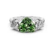 Fancy Green Heart Cut Diamond Three-Stone Ring Set in Platinum with Pavé Band