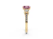 Fancy Pink Three-Stone Asscher Cut Diamond Pavé Band Ring Set in Yellow gold with Prong-Set Trio