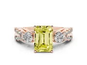 Fancy Yellow Emerald Cut Diamond Three-Stone Ring Set in Rose gold with Pavé Split Shank and Prong Setting