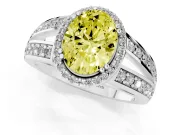 Fancy Yellow Oval Cut Diamond Halo Ring Set in White gold with Double Pavé Split Shank