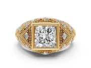 Princess Cut Diamond Bezel Ring Set in Yellow gold with Milgrain Accent Band