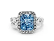 Fancy Blue Radiant Cut Diamond Halo Ring Set in Silver with Scrollwork Band and Prong Setting