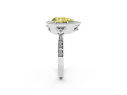 Fancy Yellow Pear Cut Diamond Halo Engagement Ring Set in White gold with Milgrain Pavé Band