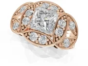 Princess Cut Vintage Floral Halo Engagement Ring Setting | Engraved Milgrain Band | Rose Gold