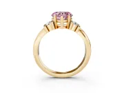 Fancy Pink Three-Stone Heart Cut Diamond Channel Set Ring Set in Yellow gold with Bar Prongs