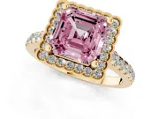 Fancy Pink Asscher Cut Diamond Milgrain Floral Halo Engagement Ring Set in Yellow gold with Pavé Band