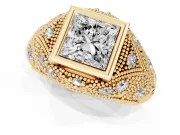Princess Cut Diamond Bezel Ring Set in Yellow gold with Milgrain Accent Band