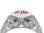 Fancy Pink Round Cut Diamond Bezel Ring Set in Silver with Milgrain Accent Band