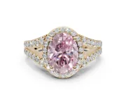 Oval Halo Pavé Engagement Ring Setting for a Fancy Pink Lab-Grown Diamond | Narrow Split Shank | Yellow Gold
