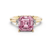 Fancy Pink Three-Stone Asscher Cut Diamond Ring Set in Yellow gold with Prong Setting and Plain Band