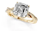 Asscher Cut Diamond Solitaire Twisted Pavé Ring Set in Yellow gold with Prong Setting