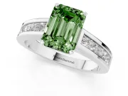 Fancy Green Emerald Cut Diamond Solitaire Ring Set in Platinum with Channel-Set Band and Prong Setting