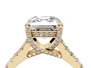 Asscher Cut Hidden Halo Pave Engagement Ring Setting | Claw Prongs | Yellow Gold