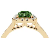 Fancy Green Emerald Cut Halo Round Diamond Solitaire Ring Set in Yellow gold with Pavé Band and Prong Setting
