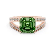 Fancy Green Asscher Cut Diamond Split Shank Ring Set in Rose gold with Pavé Band and Prong Setting