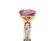 Fancy Pink Radiant Cut Diamond Solitaire Ring Set in Yellow gold with Channel-Set Baguette Band and Prong Setting
