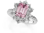 Fancy Pink Emerald Cut Diamond Floral Halo Ring Set in Silver with Round Pavé Band and Prong Setting
