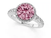 Fancy Pink Round Cut Diamond Halo Engagement Ring Set in White gold with Pavé Band and Prong Setting