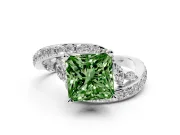Fancy Green Princess Cut Diamond Solitaire Ring Set in White gold with Pavé Twist Band and Secure Prong Setting
