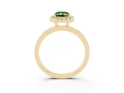 Fancy Green Emerald Cut Diamond Halo Solitaire Ring Set in Yellow gold with Pavé Band and Prong Setting