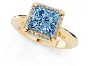 Fancy Blue Princess Cut Diamond Halo Engagement Ring Set in Yellow gold with Plain Split Shank and Prong Setting